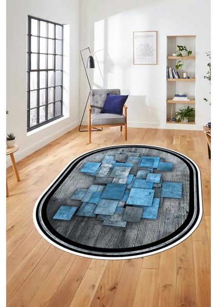 Çerçeveli Desenli Dijital Kaymaz Yıkanabilir Oval Yolluk Mutfak Salon Halısı O-Modern-13-Mavi