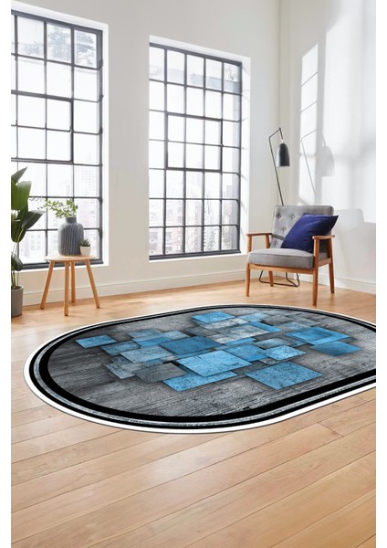 Çerçeveli Desenli Dijital Kaymaz Yıkanabilir Oval Yolluk Mutfak Salon Halısı O-Modern-13-Mavi fiyatları