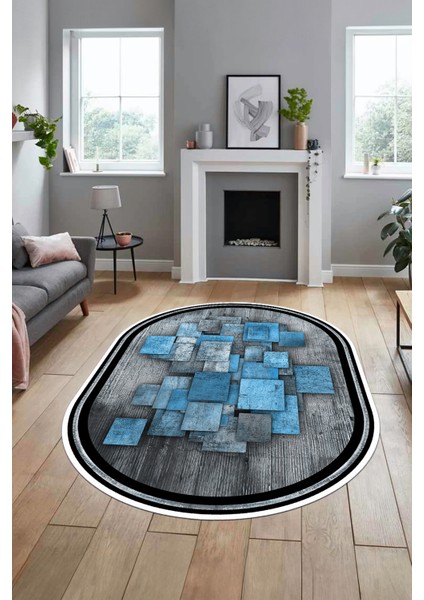 Çerçeveli Desenli Dijital Kaymaz Yıkanabilir Oval Yolluk Mutfak Salon Halısı O-Modern-13-Mavi modelleri