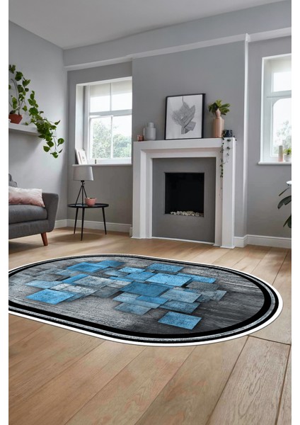 Çerçeveli Desenli Dijital Kaymaz Yıkanabilir Oval Yolluk Mutfak Salon Halısı O-Modern-13-Mavi fırsatları