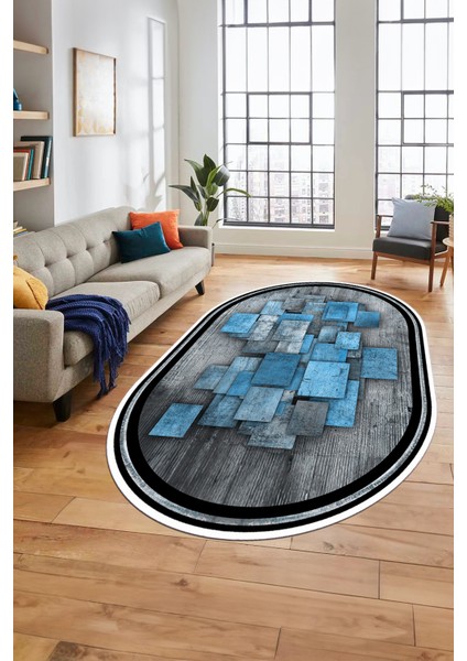 Çerçeveli Desenli Dijital Kaymaz Yıkanabilir Oval Yolluk Mutfak Salon Halısı O-Modern-13-Mavi indirimleri