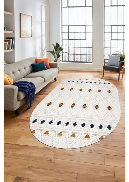 Baskılı Kaymaz Yıkanabilir Şık Kilim Desen Oval Yolluk Halısı Salon Halısı O-Modern-65-Renkli