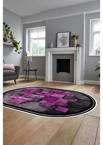 Çerçeveli Desenli Dijital Kaymaz Yıkanabilir Oval Yolluk Mutfak Salon Halısı O-Modern-13-Mor fırsatları