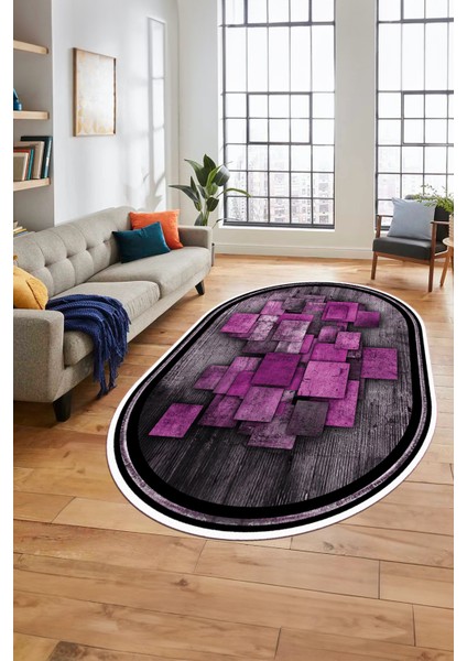 Çerçeveli Desenli Dijital Kaymaz Yıkanabilir Oval Yolluk Mutfak Salon Halısı O-Modern-13-Mor indirimleri