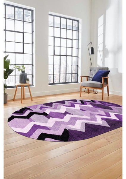 Etnik Modern Desen Dijital Kaymaz Yıkanabilir Oval Yolluk Mutfak Salon Halısı O-Modern-24-Mor