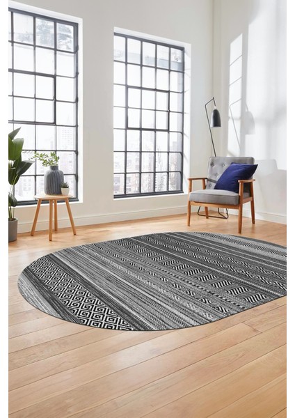 Modern Kilim Dijital Kaymaz Yıkanabilir Oval Yolluk Mutfak Salon Halısı O-Modern-17-Gri