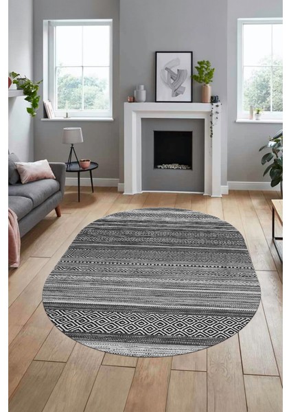 Modern Kilim Dijital Kaymaz Yıkanabilir Oval Yolluk Mutfak Salon Halısı O-Modern-17-Gri fiyatları