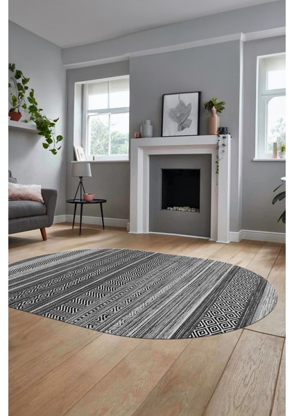 Modern Kilim Dijital Kaymaz Yıkanabilir Oval Yolluk Mutfak Salon Halısı O-Modern-17-Gri modelleri
