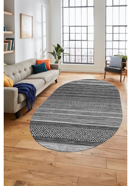 Modern Kilim Dijital Kaymaz Yıkanabilir Oval Yolluk Mutfak Salon Halısı O-Modern-17-Gri fırsatları
