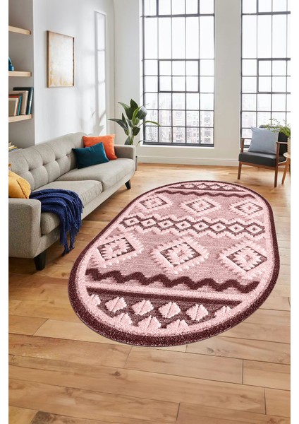 3D Baskılı Kaymaz Yıkanabilir Şık Kilim Desen Oval Yolluk Halısı Salon Halısı O-Modern-68-Pembe