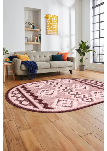 3D Baskılı Kaymaz Yıkanabilir Şık Kilim Desen Oval Yolluk Halısı Salon Halısı O-Modern-68-Pembe