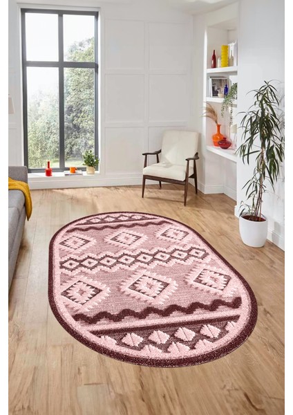 3D Baskılı Kaymaz Yıkanabilir Şık Kilim Desen Oval Yolluk Halısı Salon Halısı O-Modern-68-Pembe