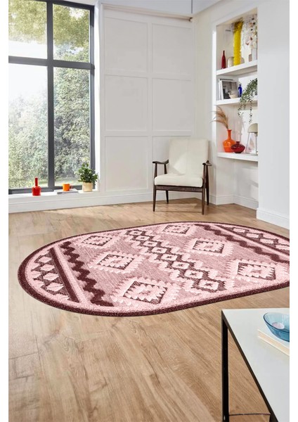 3D Baskılı Kaymaz Yıkanabilir Şık Kilim Desen Oval Yolluk Halısı Salon Halısı O-Modern-68-Pembe
