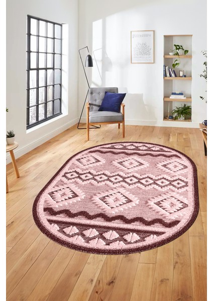 3D Baskılı Kaymaz Yıkanabilir Şık Kilim Desen Oval Yolluk Halısı Salon Halısı O-Modern-68-Pembe
