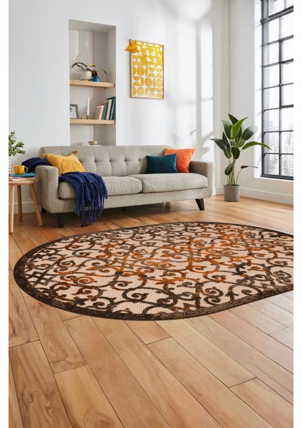 Modern Klasik Desen Dijital Kaymaz Yıkanabilir Oval Yolluk Mutfak Salon Halısı O-Modern-32-Kahve fırsatları