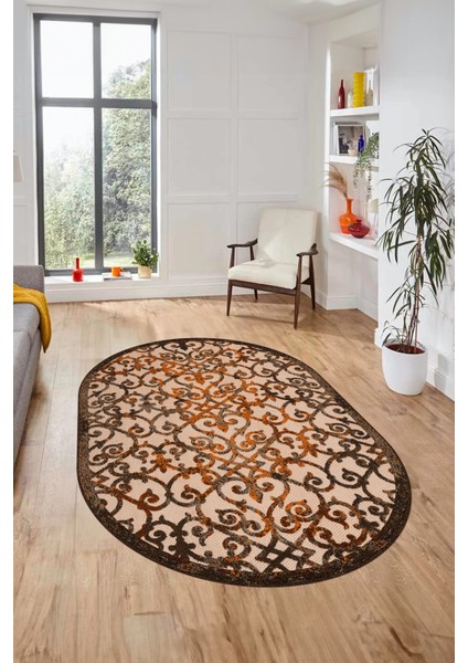 Modern Klasik Desen Dijital Kaymaz Yıkanabilir Oval Yolluk Mutfak Salon Halısı O-Modern-32-Kahve indirimleri