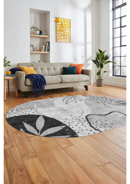 Yaprak Desen Modern Tasarım Dijital Kaymaz Yıkanabilir Oval Yolluk Salon Halısı O-Modern-79-Gri