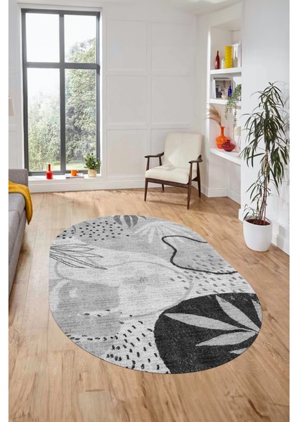 Yaprak Desen Modern Tasarım Dijital Kaymaz Yıkanabilir Oval Yolluk Salon Halısı O-Modern-79-Gri fiyatları