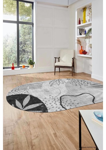 Yaprak Desen Modern Tasarım Dijital Kaymaz Yıkanabilir Oval Yolluk Salon Halısı O-Modern-79-Gri modelleri