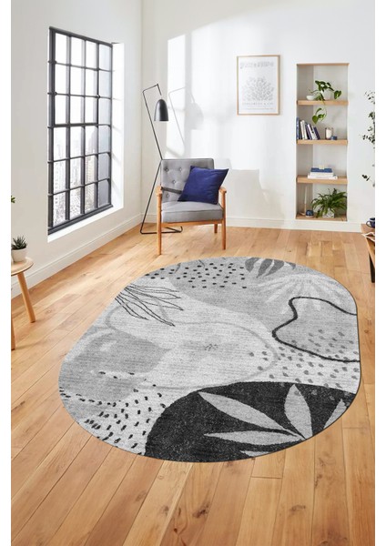 Yaprak Desen Modern Tasarım Dijital Kaymaz Yıkanabilir Oval Yolluk Salon Halısı O-Modern-79-Gri fırsatları
