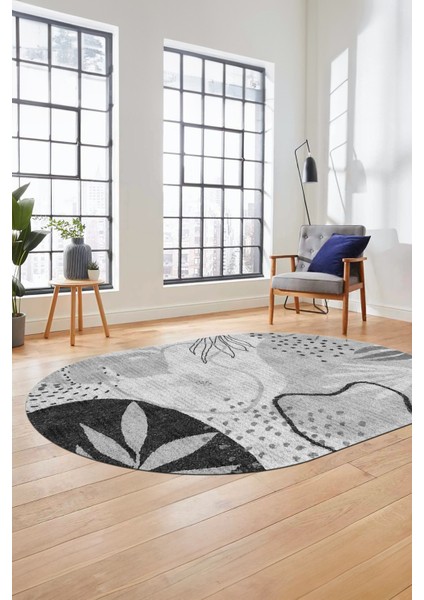 Yaprak Desen Modern Tasarım Dijital Kaymaz Yıkanabilir Oval Yolluk Salon Halısı O-Modern-79-Gri indirimleri