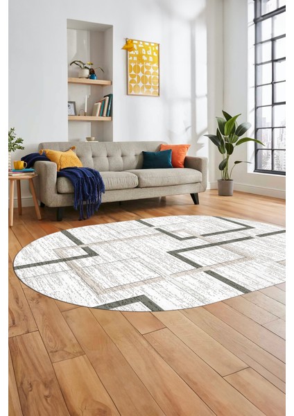 Sade Desen Modern Tasarım Dijital Kaymaz Yıkanabilir Oval Yolluk Salon Halısı O-Modern-80-Krem