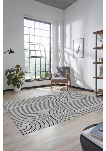 Sade Desen Baskılı Kaymaz Taban Yıkanabilir Modern Yolluk Salon Halısı MODERN-110-GRİ