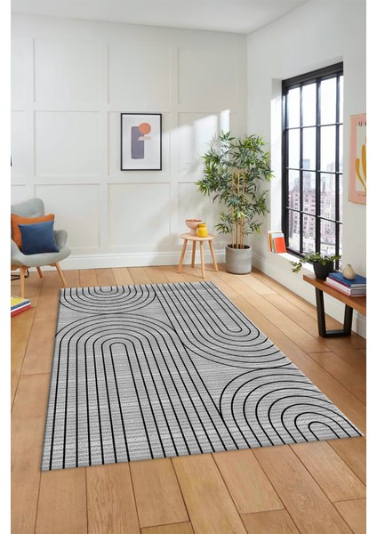 Sade Desen Baskılı Kaymaz Taban Yıkanabilir Modern Yolluk Salon Halısı MODERN-110-GRİ