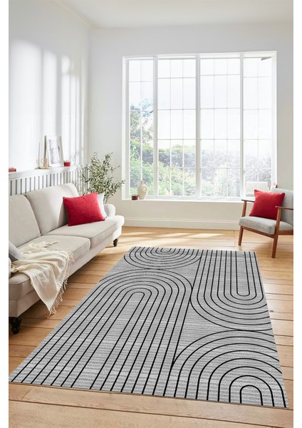 Sade Desen Baskılı Kaymaz Taban Yıkanabilir Modern Yolluk Salon Halısı MODERN-110-GRİ