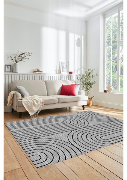Sade Desen Baskılı Kaymaz Taban Yıkanabilir Modern Yolluk Salon Halısı MODERN-110-GRİ