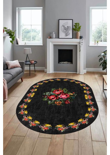 Modern Çiçek Dijital Kaymaz Yıkanabilir Oval Yolluk Mutfak Salon Halısı O-Modern-20-Antrasit fiyatları