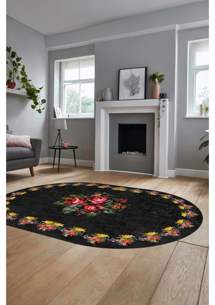Modern Çiçek Dijital Kaymaz Yıkanabilir Oval Yolluk Mutfak Salon Halısı O-Modern-20-Antrasit modelleri