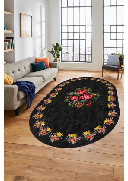 Modern Çiçek Dijital Kaymaz Yıkanabilir Oval Yolluk Mutfak Salon Halısı O-Modern-20-Antrasit fırsatları