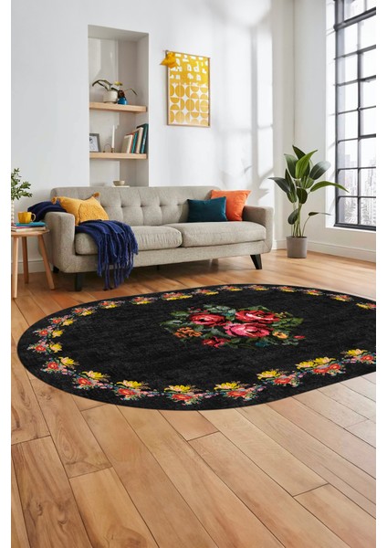 Modern Çiçek Dijital Kaymaz Yıkanabilir Oval Yolluk Mutfak Salon Halısı O-Modern-20-Antrasit indirimleri