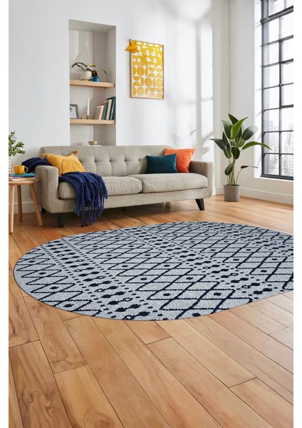 3D Kilim Desen Özel Tasarım Dijital Kaymaz Yıkanabilir Oval Yolluk Salon Halısı O-Modern-84-Lacivert