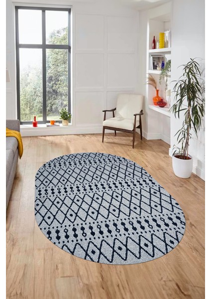 3D Kilim Desen Özel Tasarım Dijital Kaymaz Yıkanabilir Oval Yolluk Salon Halısı O-Modern-84-Lacivert fiyatları