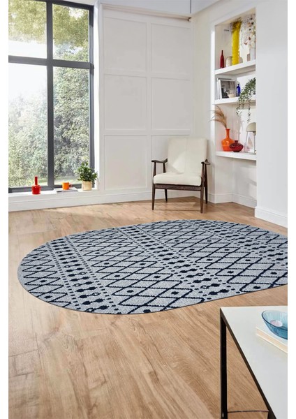 3D Kilim Desen Özel Tasarım Dijital Kaymaz Yıkanabilir Oval Yolluk Salon Halısı O-Modern-84-Lacivert modelleri
