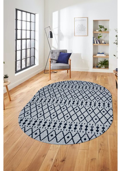 3D Kilim Desen Özel Tasarım Dijital Kaymaz Yıkanabilir Oval Yolluk Salon Halısı O-Modern-84-Lacivert fırsatları