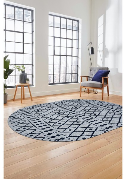 3D Kilim Desen Özel Tasarım Dijital Kaymaz Yıkanabilir Oval Yolluk Salon Halısı O-Modern-84-Lacivert indirimleri