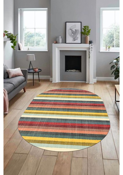 Modern Kilim Desen Dijital Kaymaz Yıkanabilir Oval Yolluk Mutfak Salon Halısı O-Modern-25-Renkli