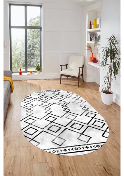 Modern Sade Desen Dijital Kaymaz Yıkanabilir Oval Yolluk Mutfak Salon Halısı O-Modern-91-Siyah