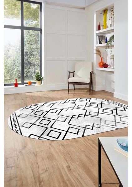 Modern Sade Desen Dijital Kaymaz Yıkanabilir Oval Yolluk Mutfak Salon Halısı O-Modern-91-Siyah fiyatları