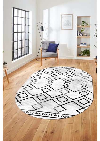 Modern Sade Desen Dijital Kaymaz Yıkanabilir Oval Yolluk Mutfak Salon Halısı O-Modern-91-Siyah modelleri