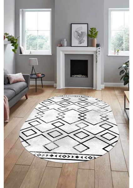 Modern Sade Desen Dijital Kaymaz Yıkanabilir Oval Yolluk Mutfak Salon Halısı O-Modern-91-Siyah indirimleri