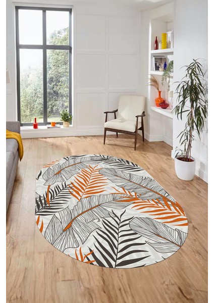 Yapraklı Baskılı Kaymaz Taban Yıkanabilir Modern Oval Yolluk Salon Halısı O-Modern-98-Turuncu