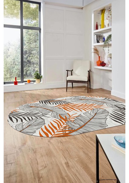 Yapraklı Baskılı Kaymaz Taban Yıkanabilir Modern Oval Yolluk Salon Halısı O-Modern-98-Turuncu fiyatları