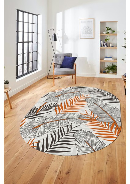 Yapraklı Baskılı Kaymaz Taban Yıkanabilir Modern Oval Yolluk Salon Halısı O-Modern-98-Turuncu modelleri