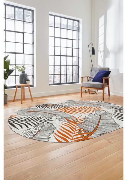 Yapraklı Baskılı Kaymaz Taban Yıkanabilir Modern Oval Yolluk Salon Halısı O-Modern-98-Turuncu fırsatları