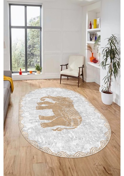 Fil Desen Baskılı Kaymaz Taban Yıkanabilir Modern Oval Yolluk Salon Halısı O-MODERN-101-BEJ