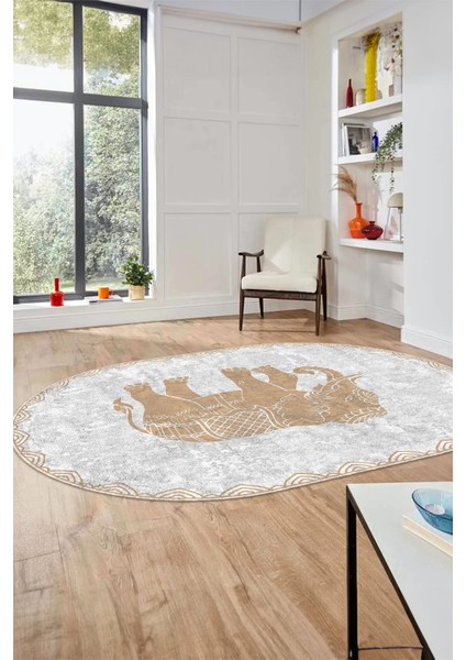 Fil Desen Baskılı Kaymaz Taban Yıkanabilir Modern Oval Yolluk Salon Halısı O-MODERN-101-BEJ fiyatları